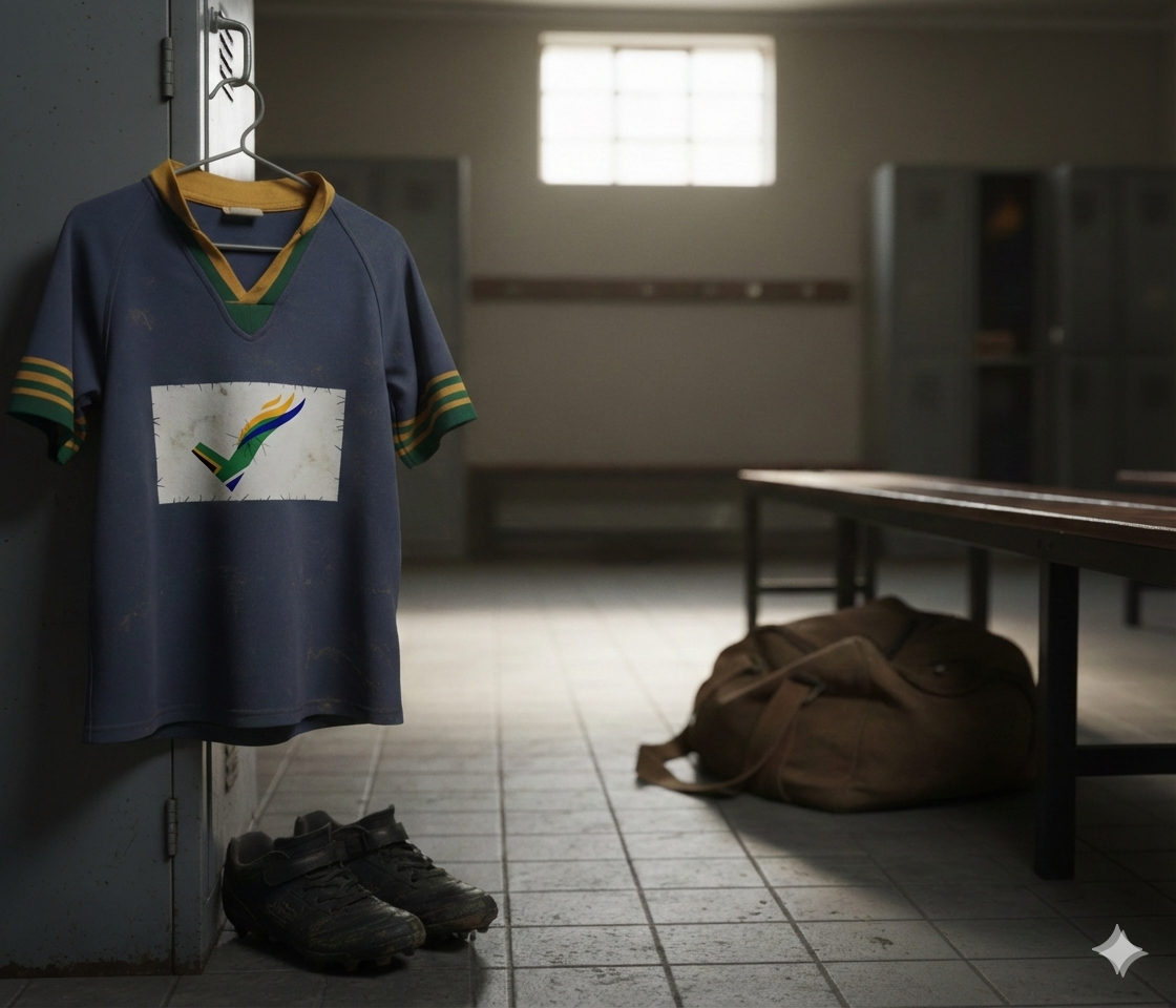 A jersey in a locker room with the sponsor logo removed